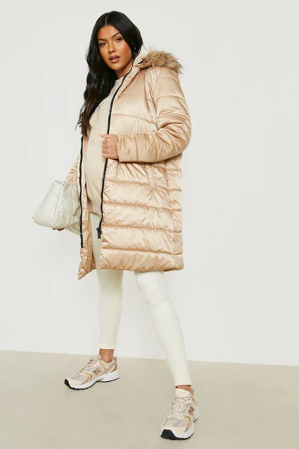 Maternity Padded Faux Fur Trim Coat