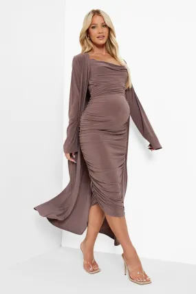 Maternity Strappy Cowl Neck Dress And Duster Coat