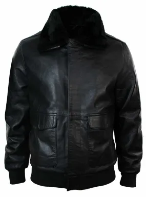 Mens Real Fur Collar Leather Bomber Pilot Flying Jacket Black Brown-Black