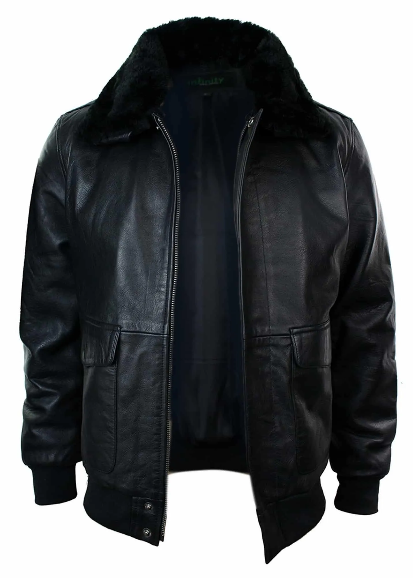 Mens Real Fur Collar Leather Bomber Pilot Flying Jacket Black Brown-Black