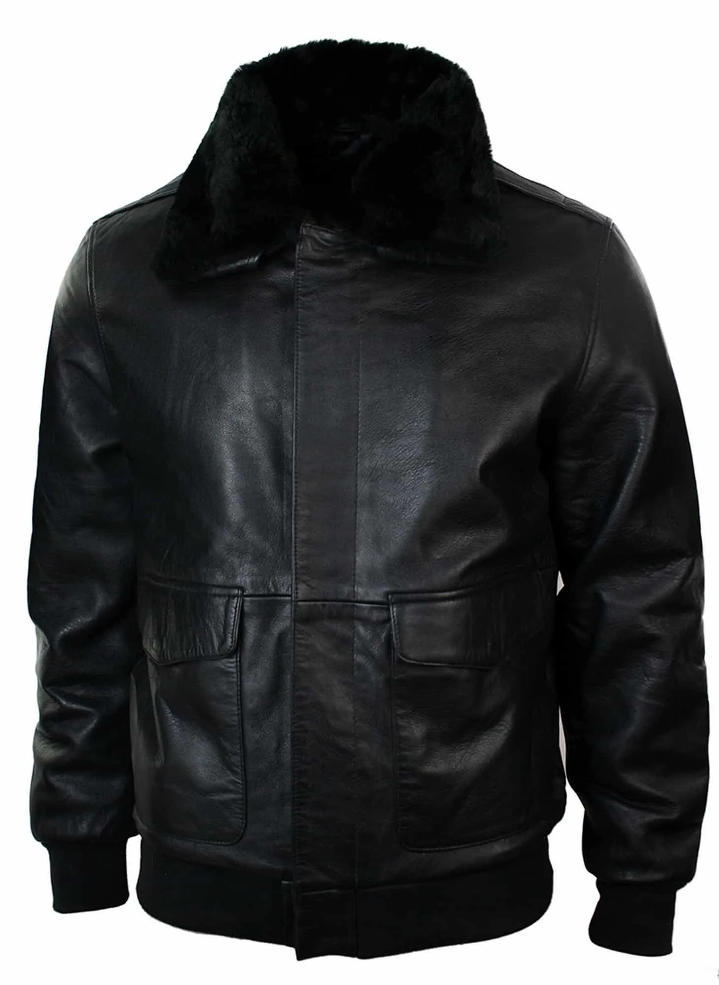 Mens Real Fur Collar Leather Bomber Pilot Flying Jacket Black Brown-Black