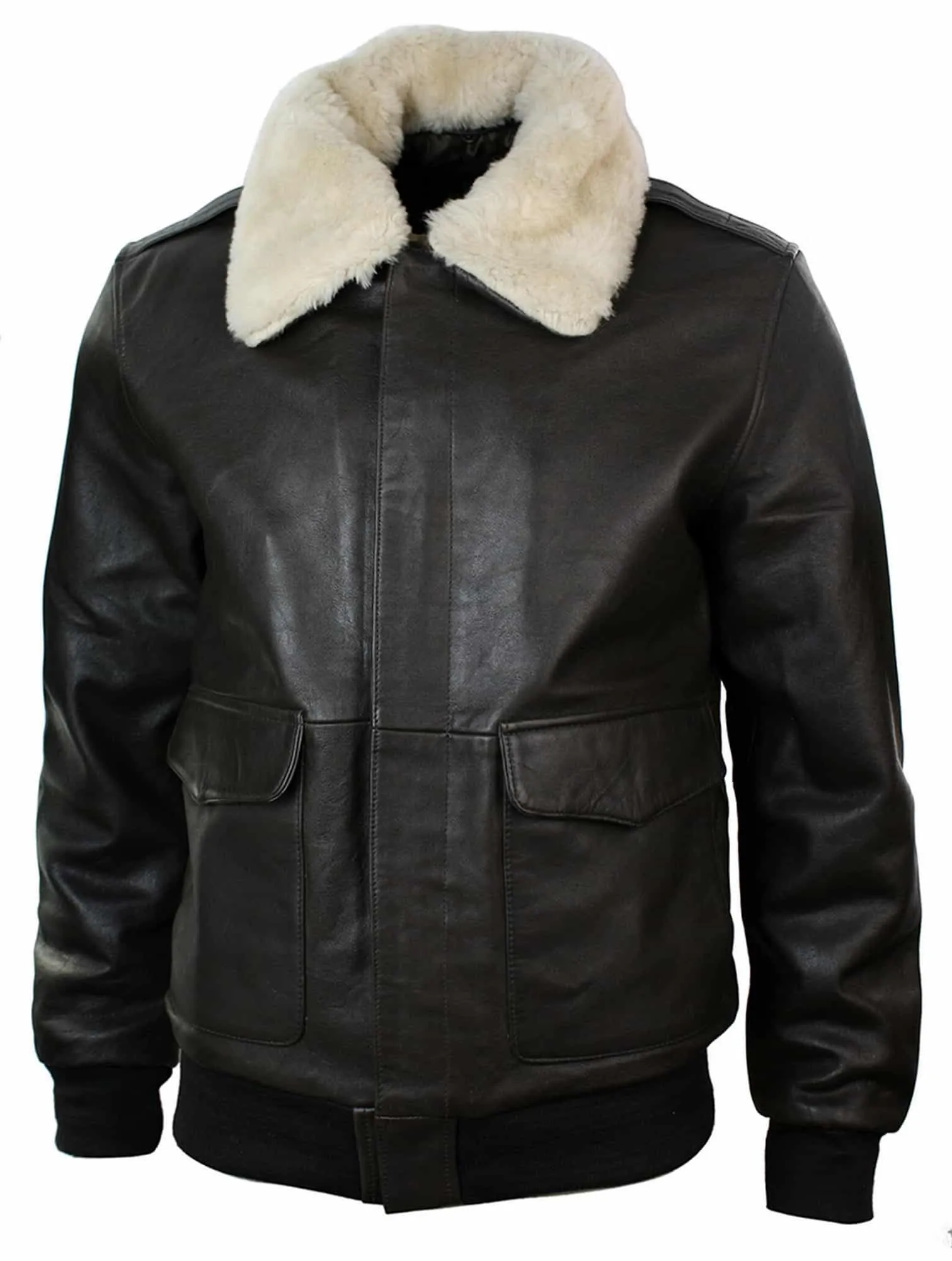 Mens Real Fur Collar Leather Bomber Pilot Flying Jacket Black Brown-Brown