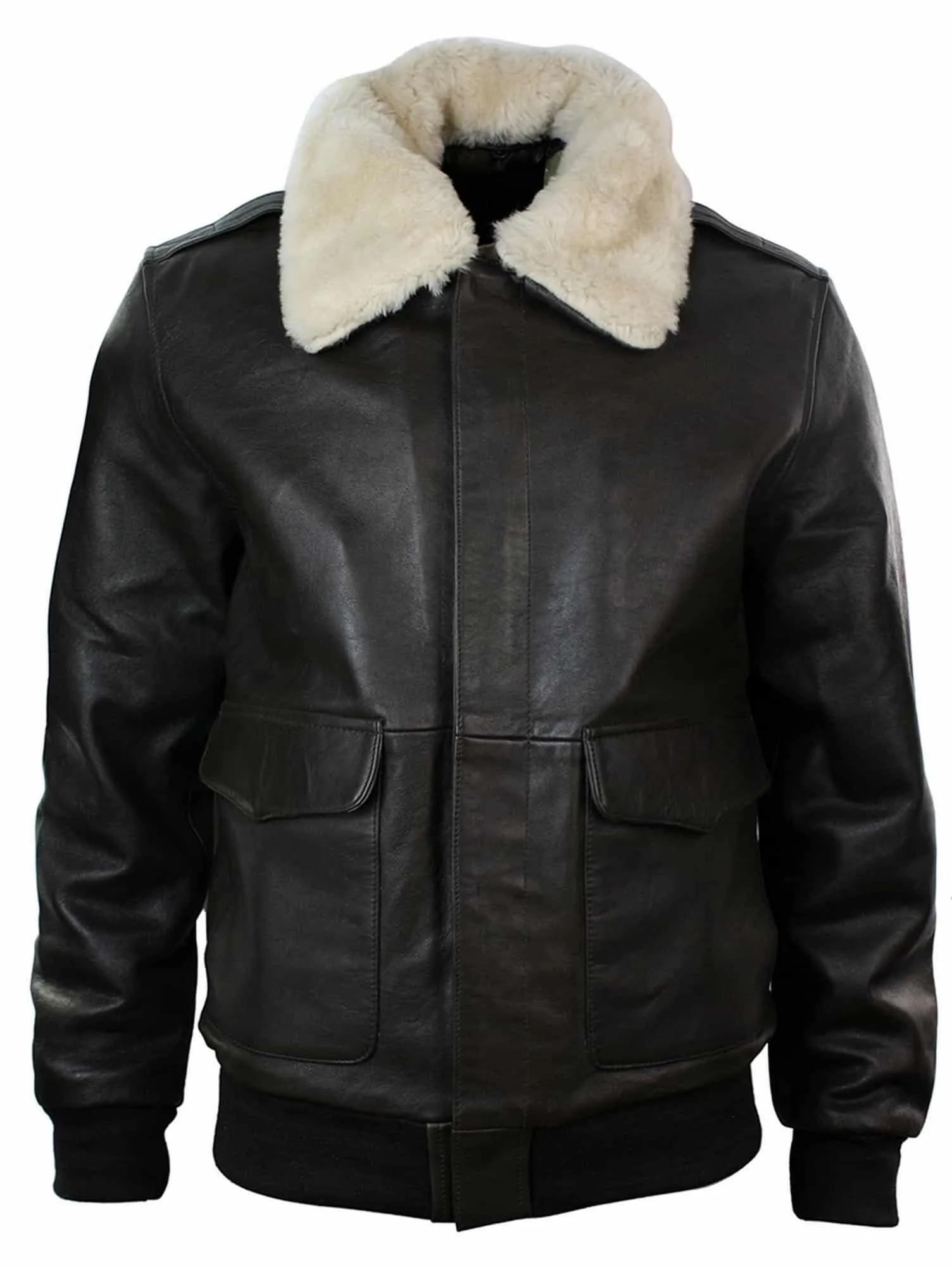 Mens Real Fur Collar Leather Bomber Pilot Flying Jacket Black Brown-Brown