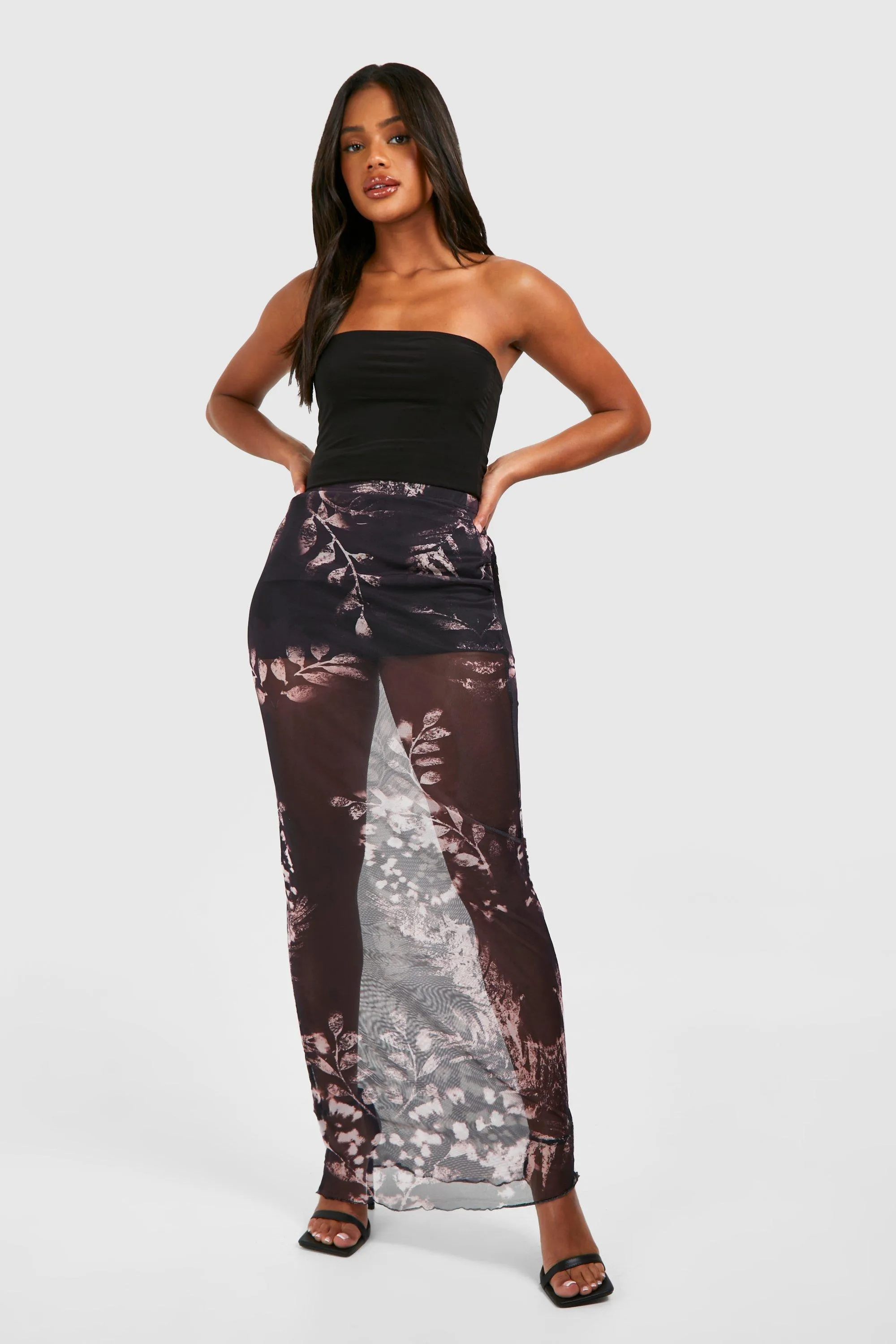 Mesh Floral Printed Maxi Skirt