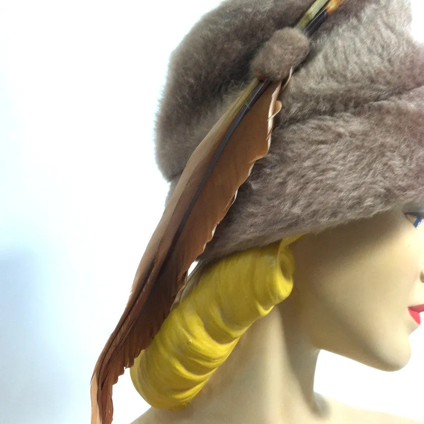 Mocha Felted Faux Fur Bucket Hat w/ Plume circa 1960s