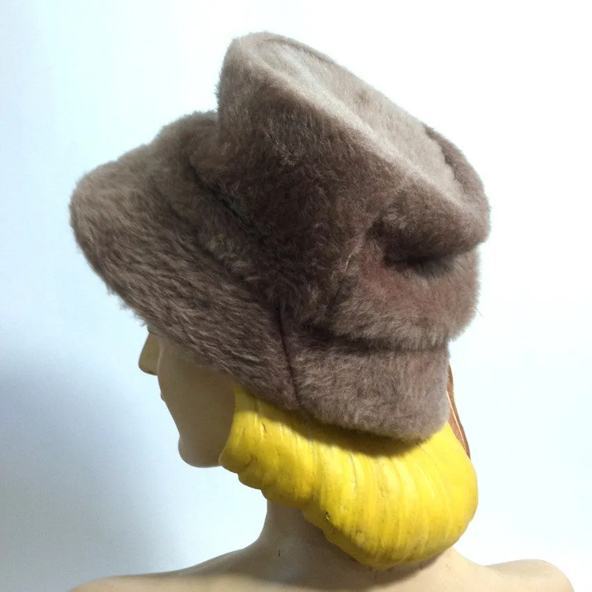 Mocha Felted Faux Fur Bucket Hat w/ Plume circa 1960s