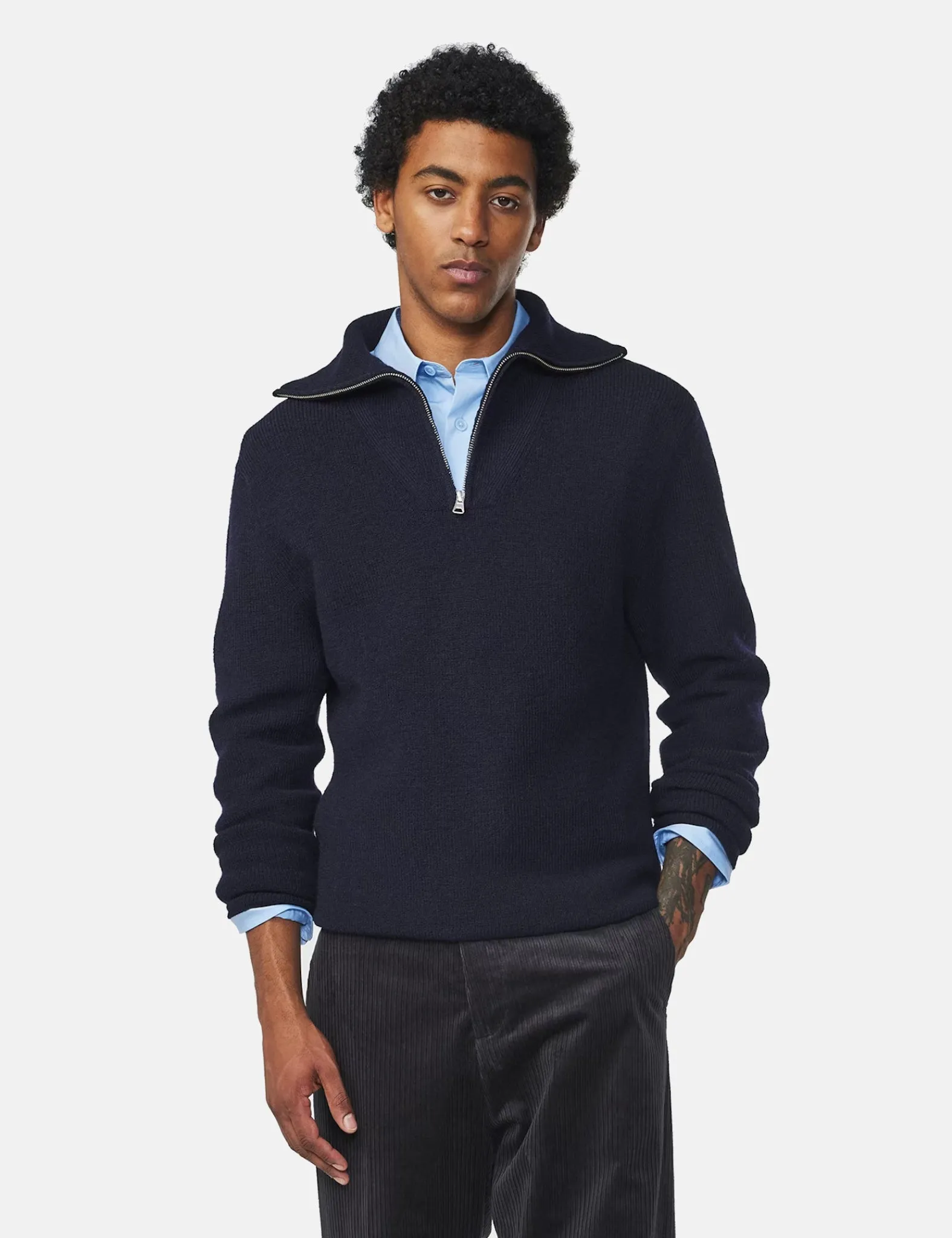 NN07 Carl Half Zip Knit (Schoeller Wool) - Navy Blue