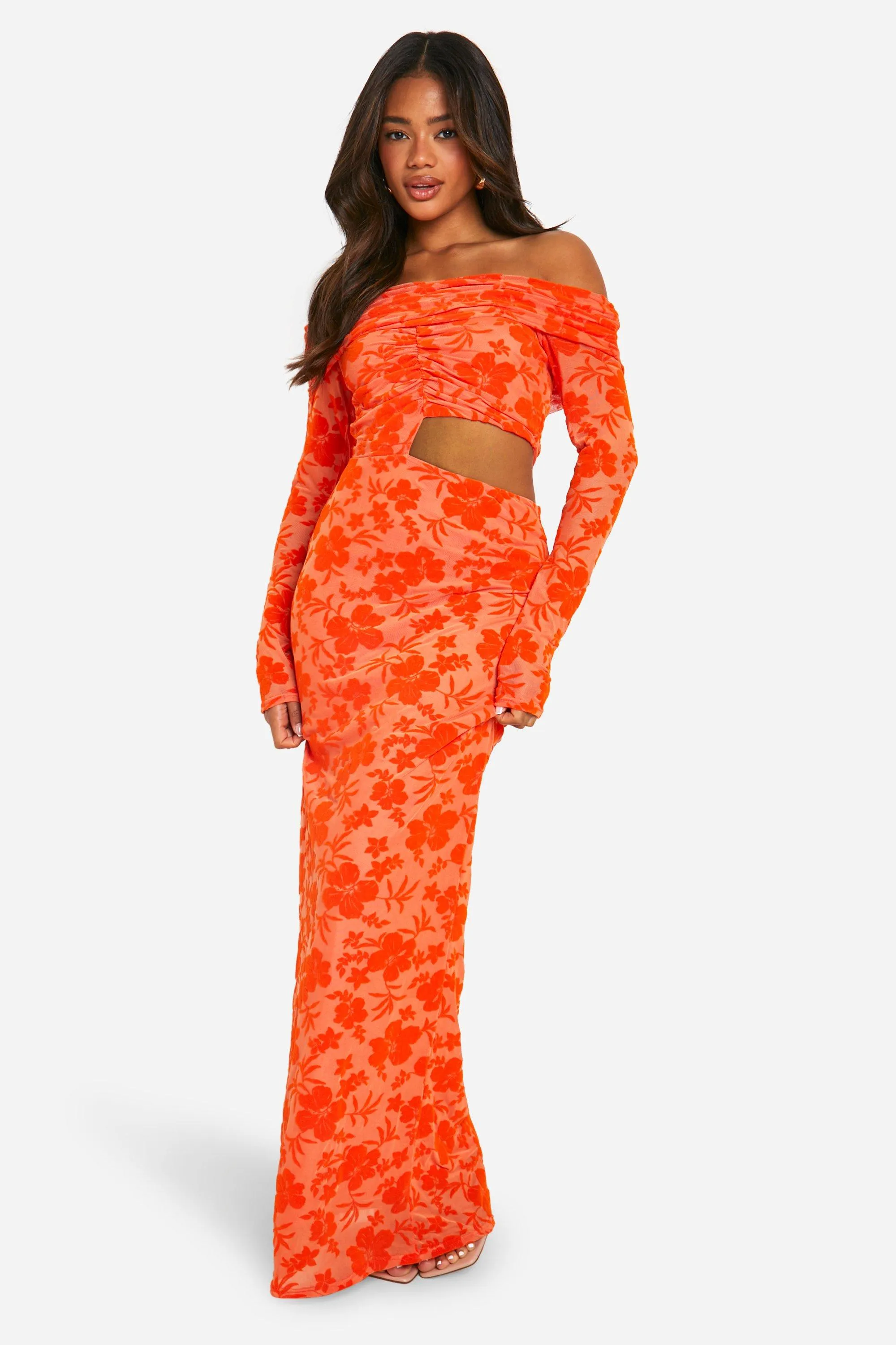 Off The Shoulder Ruched Devore Cut Out Maxi Dress