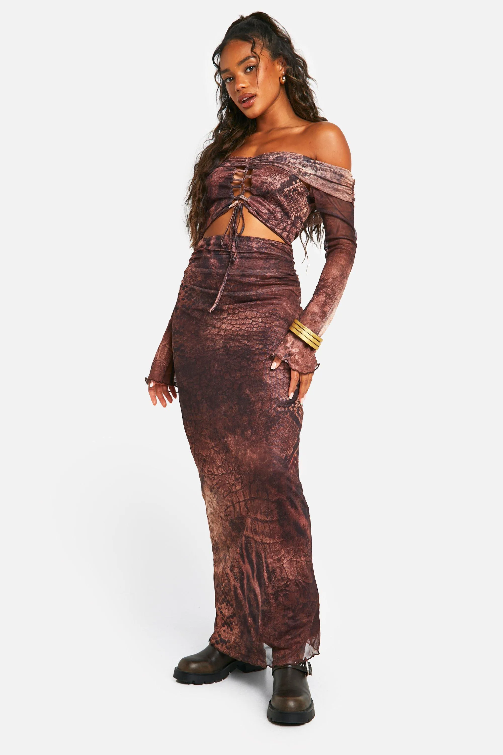 Off The Shoulder Tie Detail Cut Out Snake Print Mesh Maxi Dress