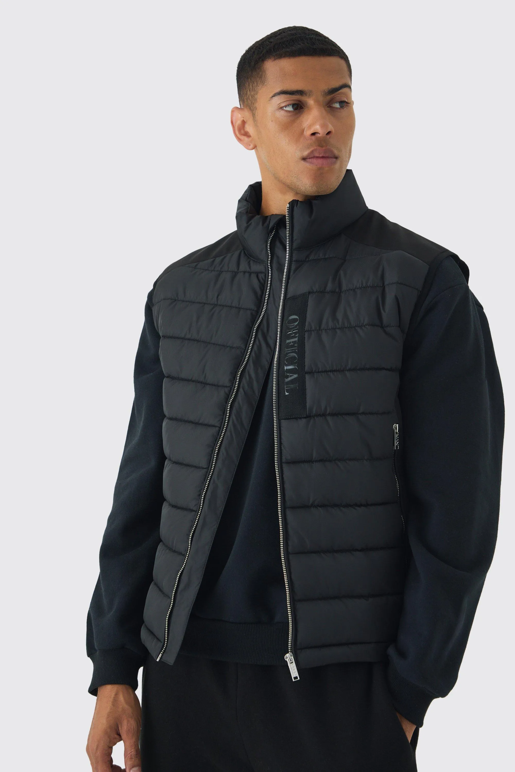 Official Funnel Neck Panel Puffer Vest In Black