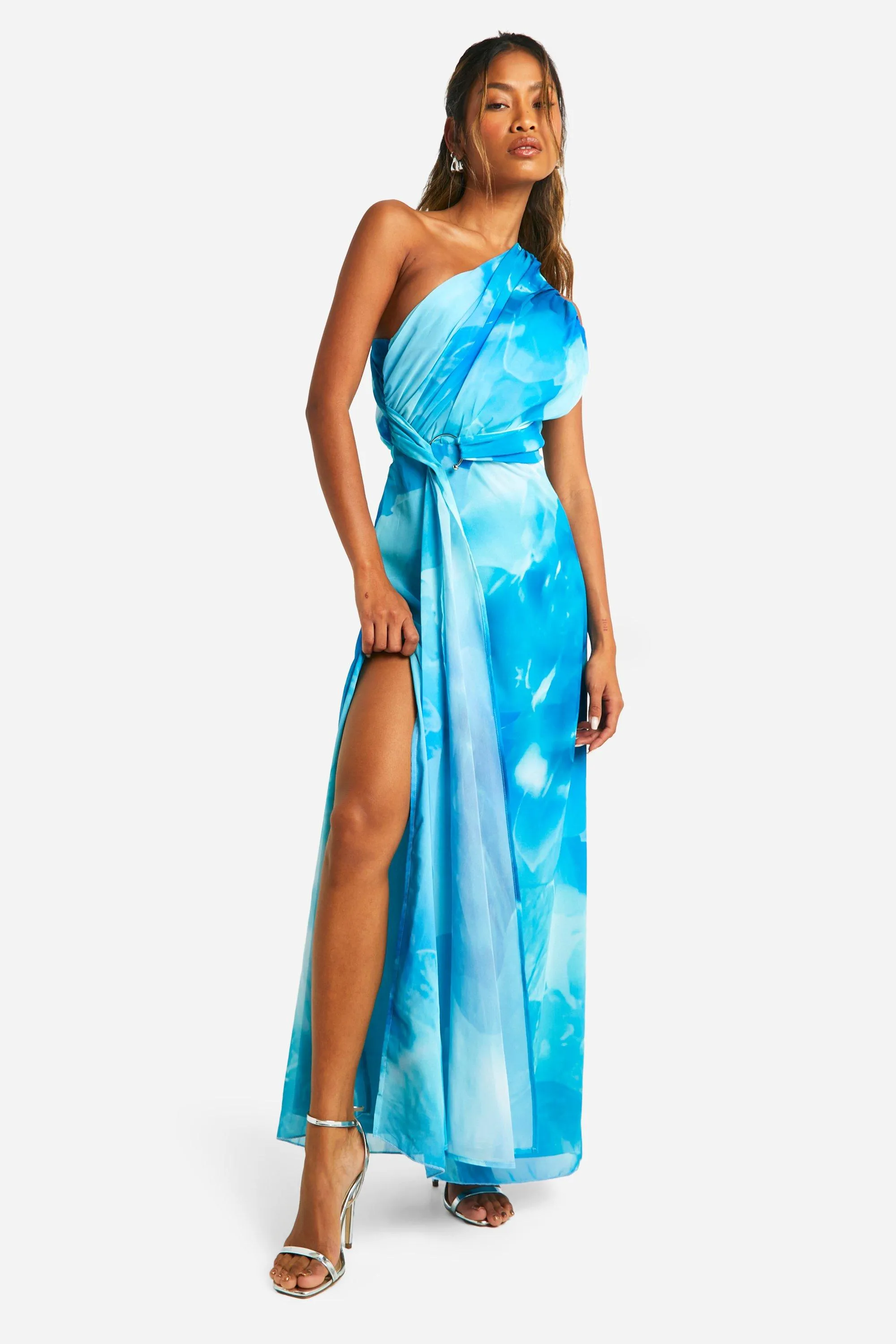 One Shoulder Printed Chiffon Ruched Maxi Dress