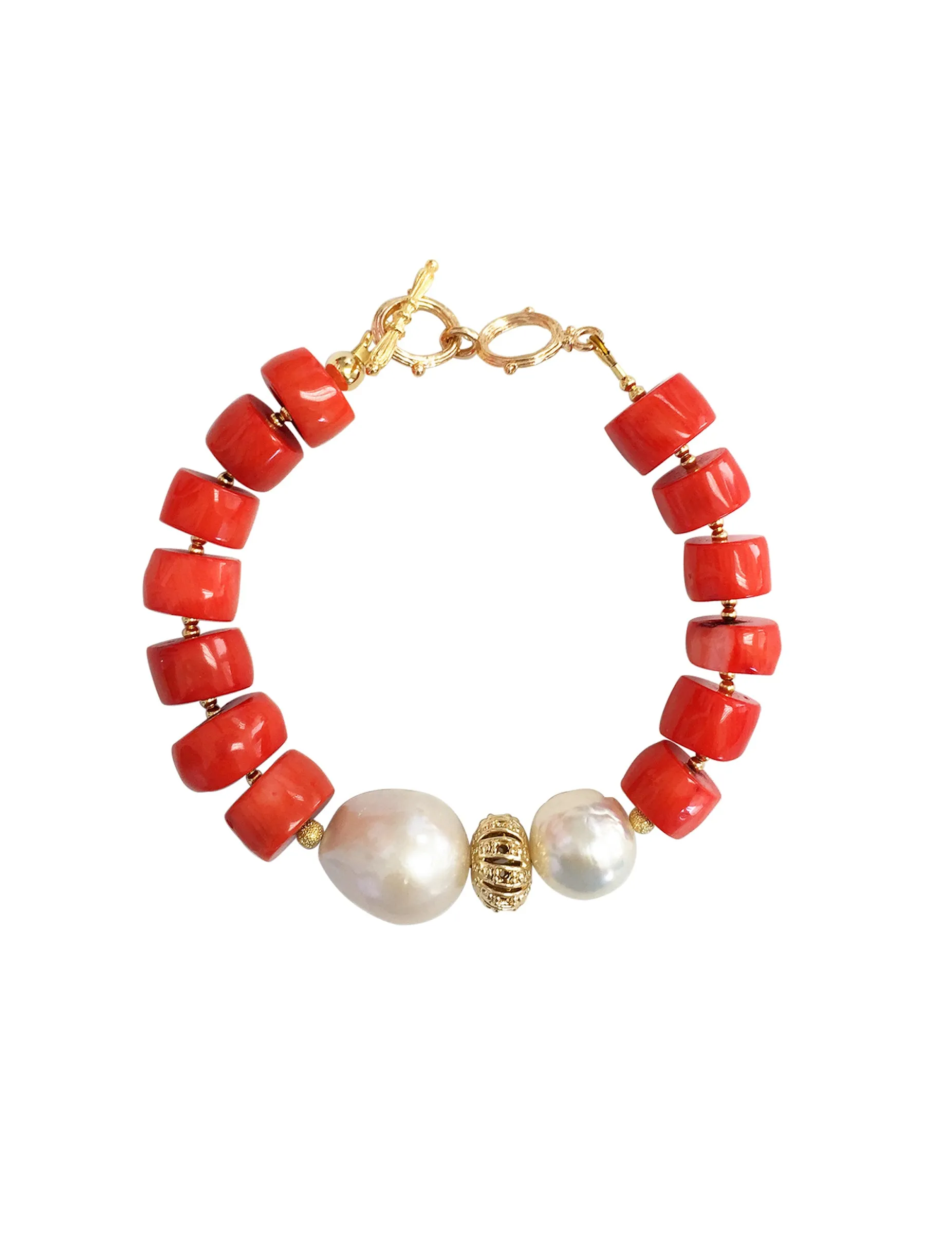 Orange Coral With Natural Baroque Pearls Bracelet MB029