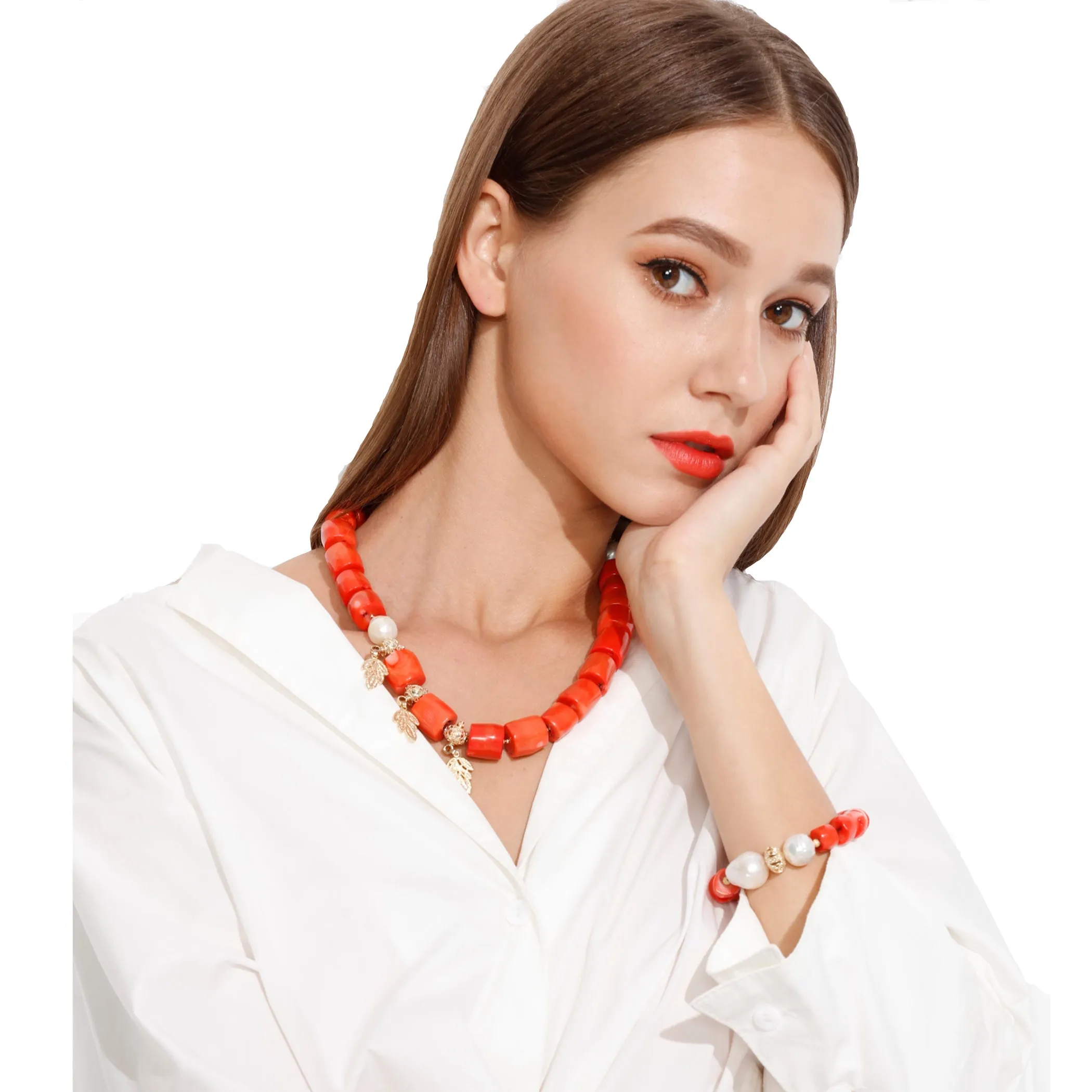 Orange Coral With Natural Baroque Pearls Bracelet MB029