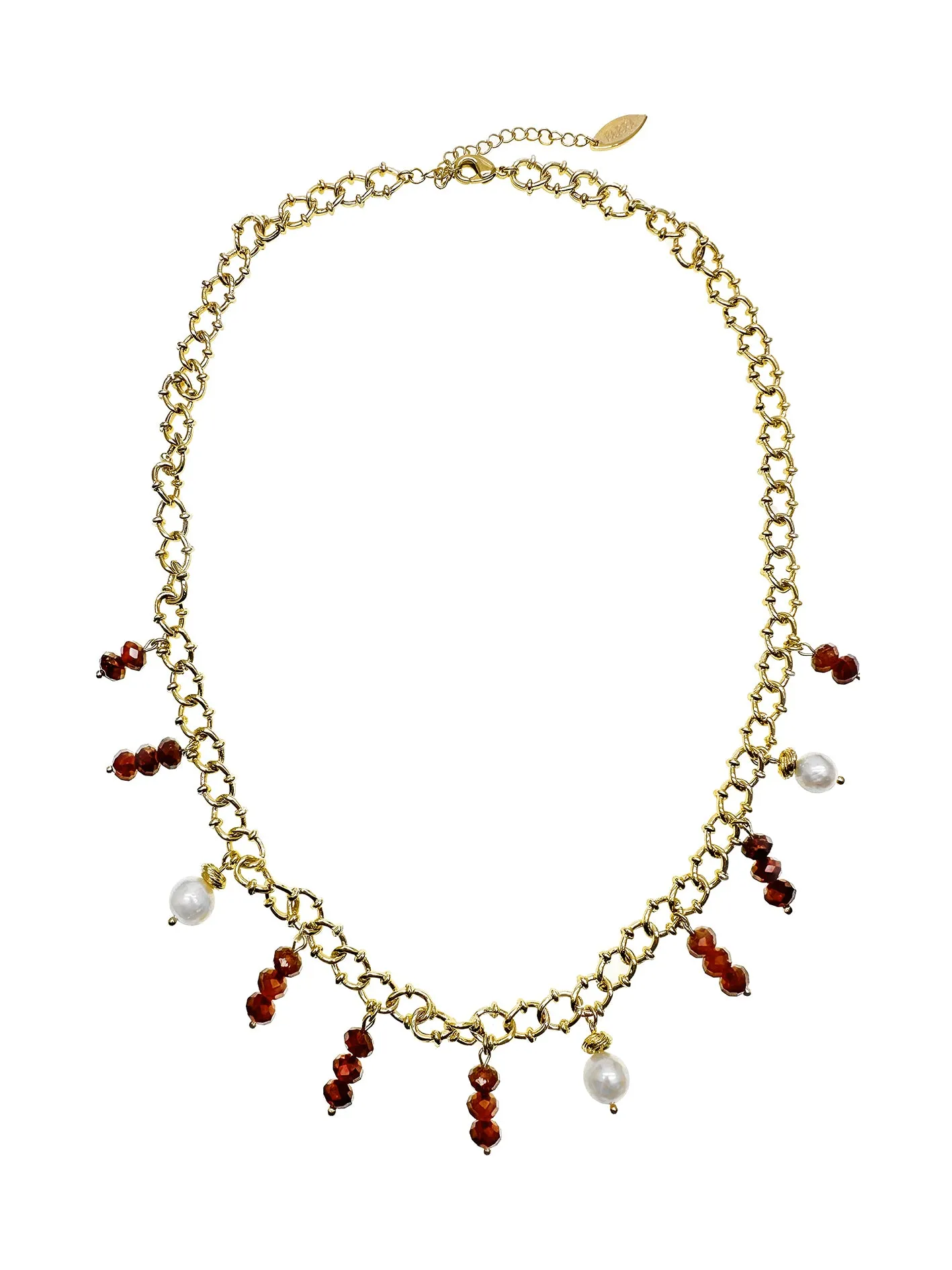 Orange Garnet & Freshwater Pearls Statement Chain Necklace KN034