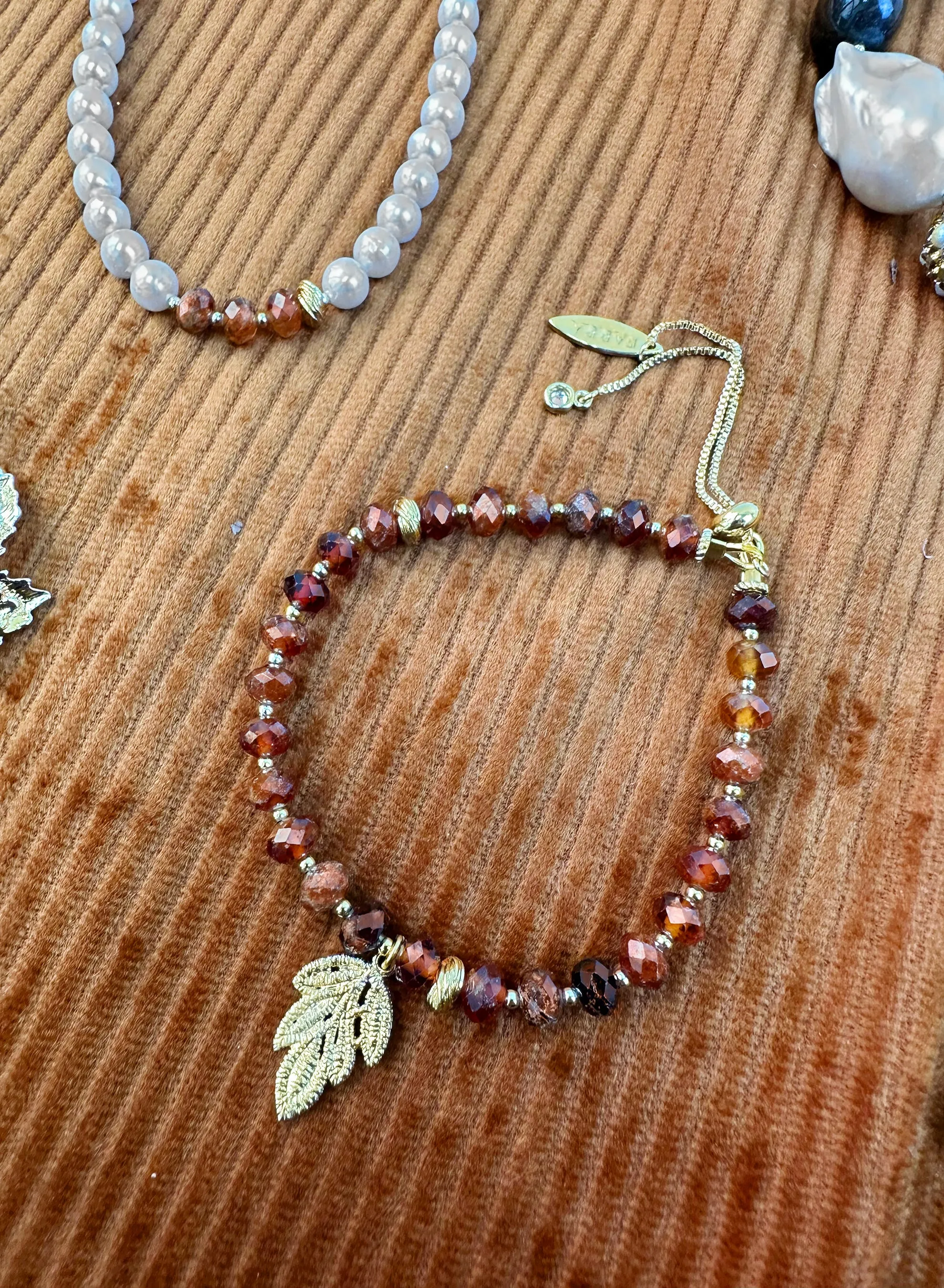 Orange Garnet Leave charm Adjustable Bracelet KB006