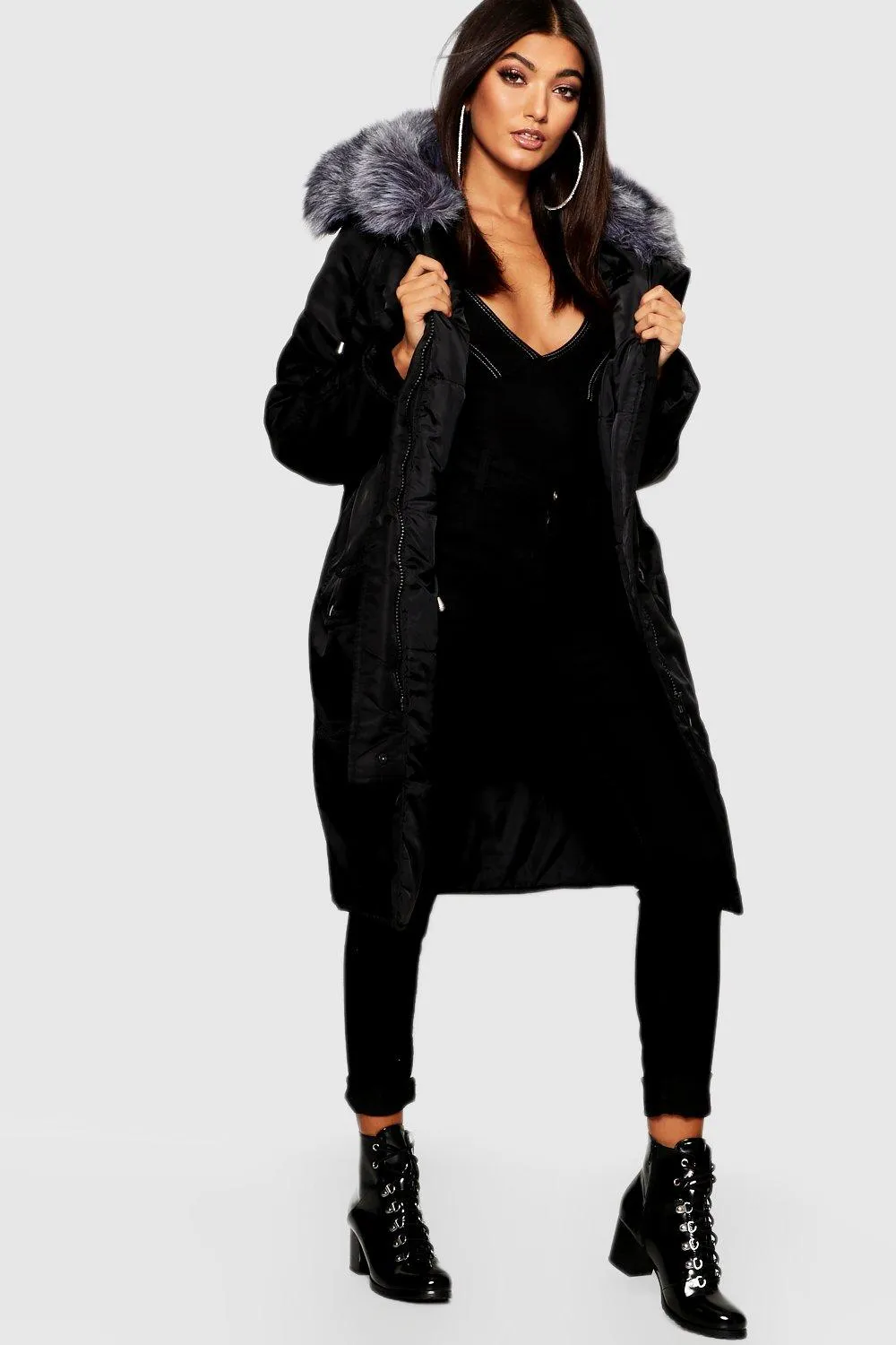 Oversized Faux Fur Fly Hood Luxe Parka Coat