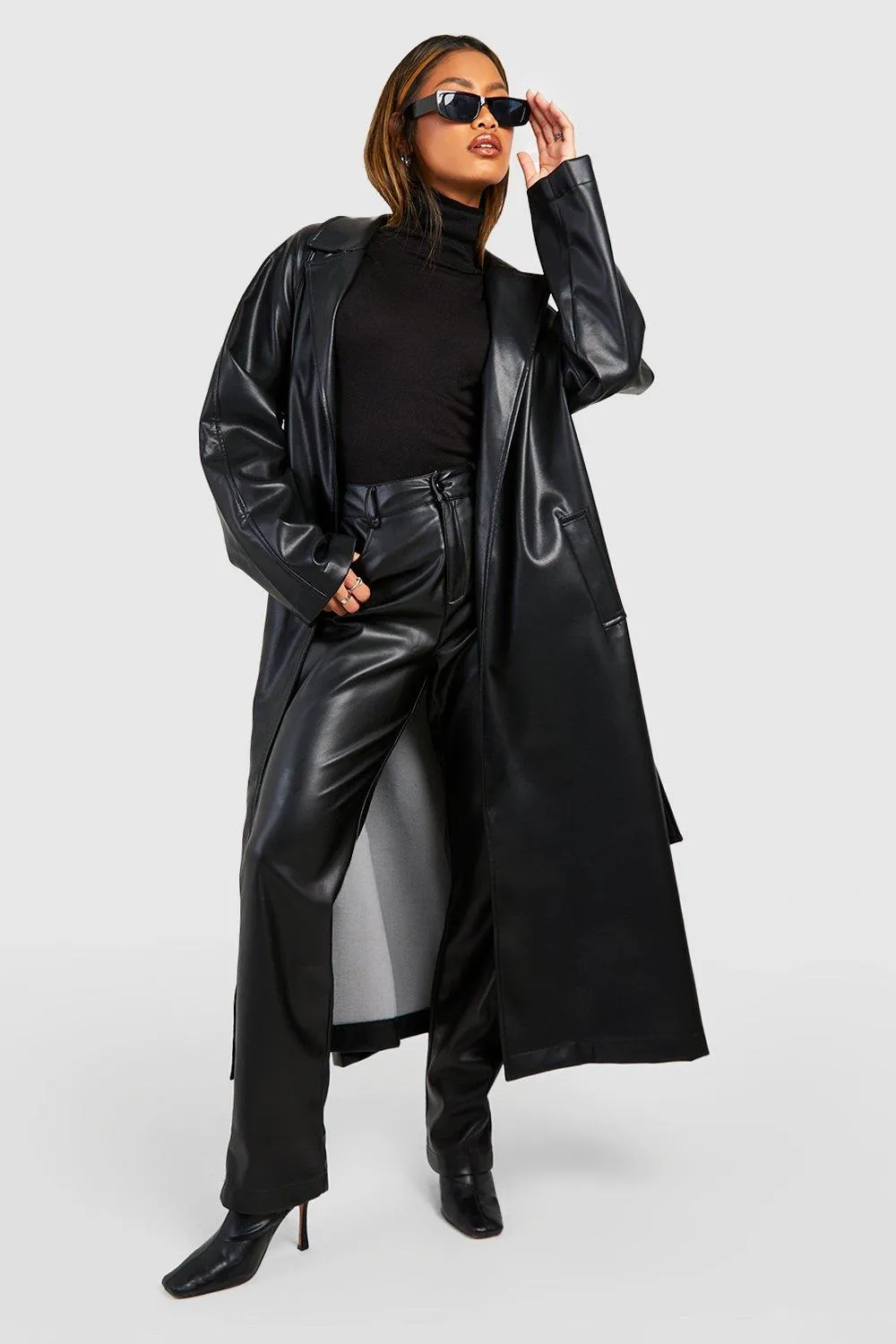 Oversized Faux Leather Belted Trench Coat