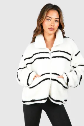 Oversized Stripe Print Teddy Jacket