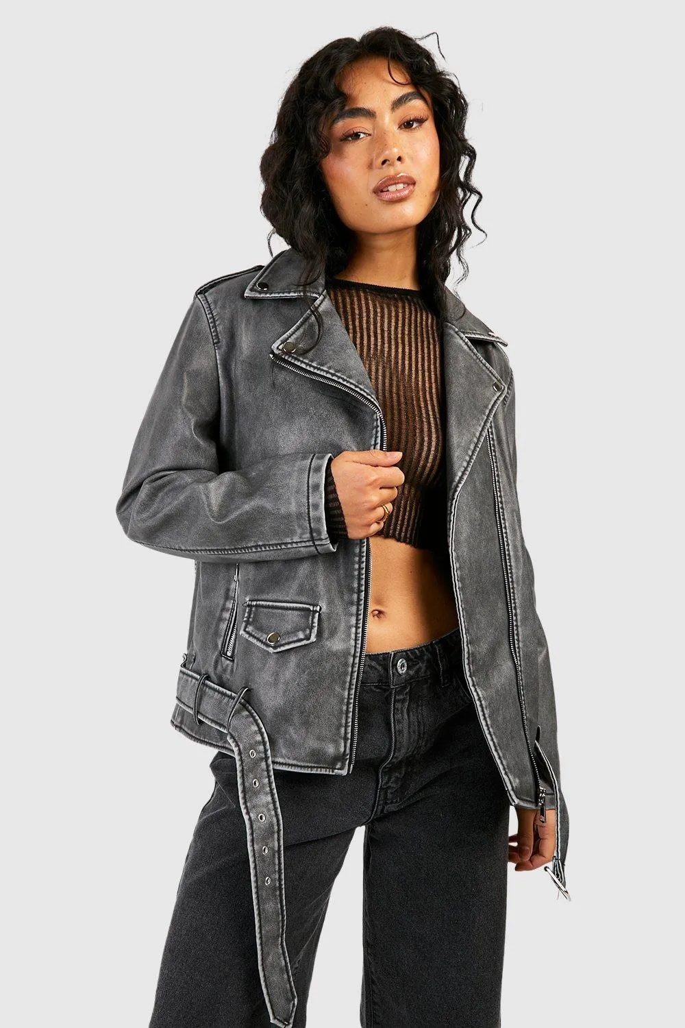 Oversized Washed Faux Leather Moto Jacket