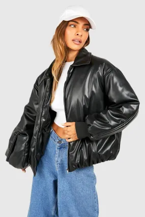 Padded Faux Leather Bomber Jacket