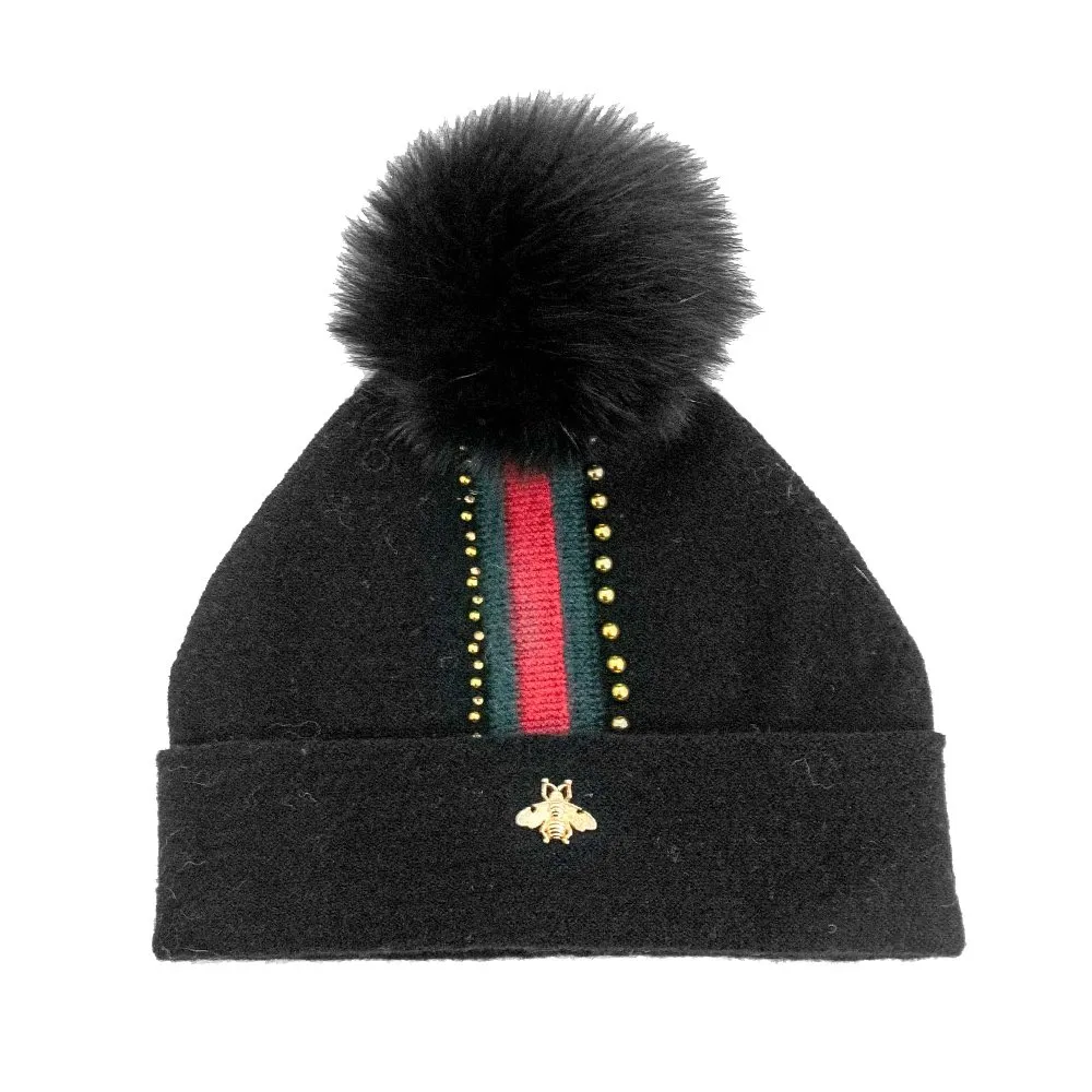 Peter Glenn Bee Border Hat with Real Fur Pom (Women's)