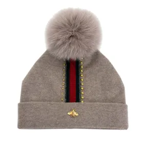 Peter Glenn Bee Border Hat with Real Fur Pom (Women's)