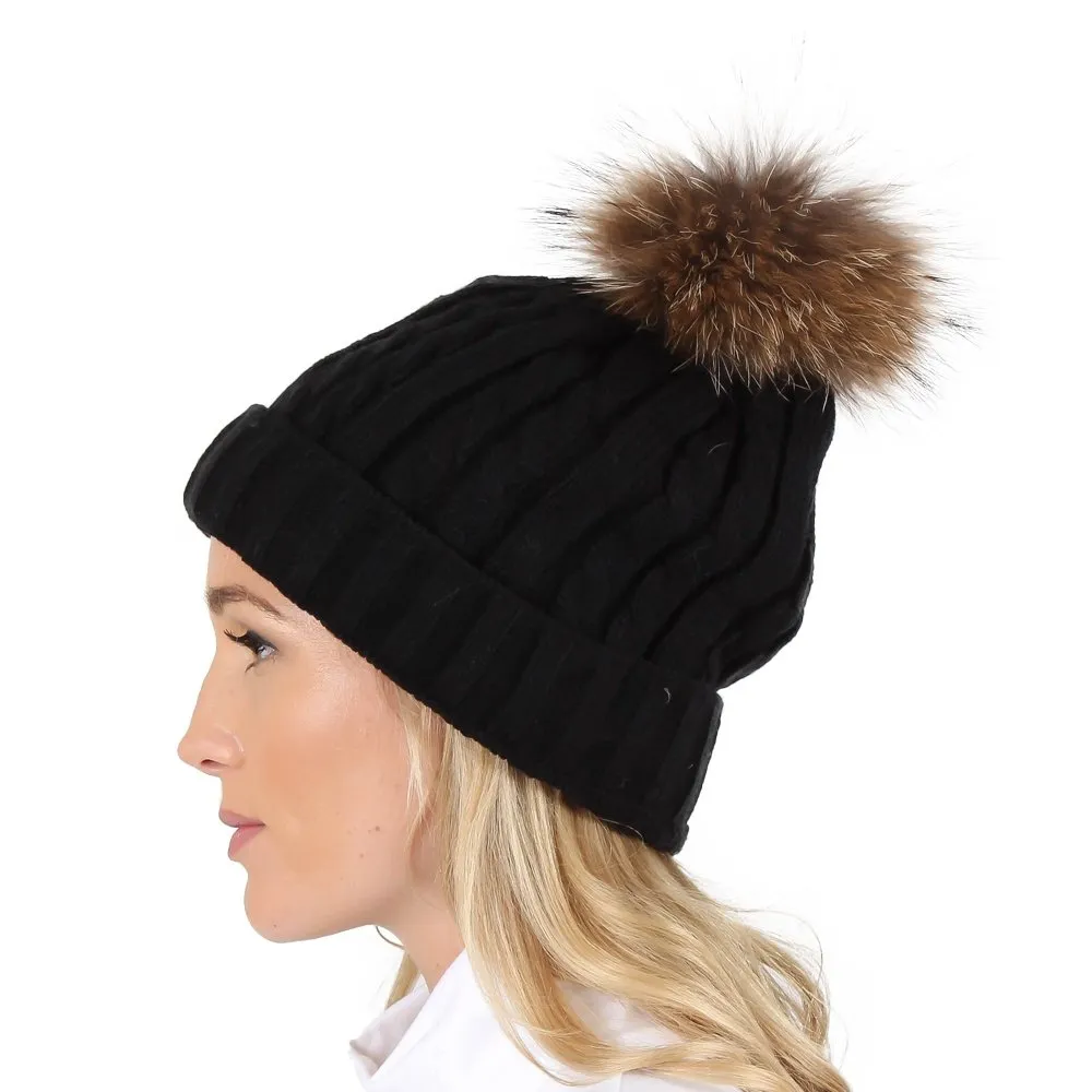 Peter Glenn Cable Hat with Real Fur Pom (Women's)