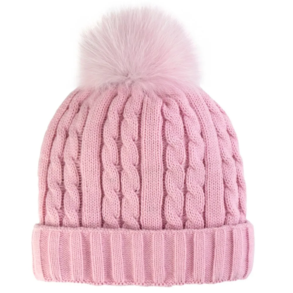 Peter Glenn Cable Hat with Real Fur Pom (Women's)