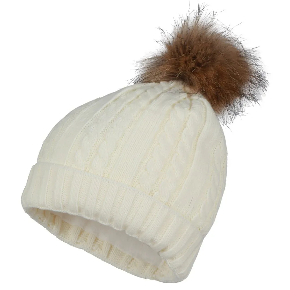 Peter Glenn Cable Hat with Real Fur Pom (Women's)