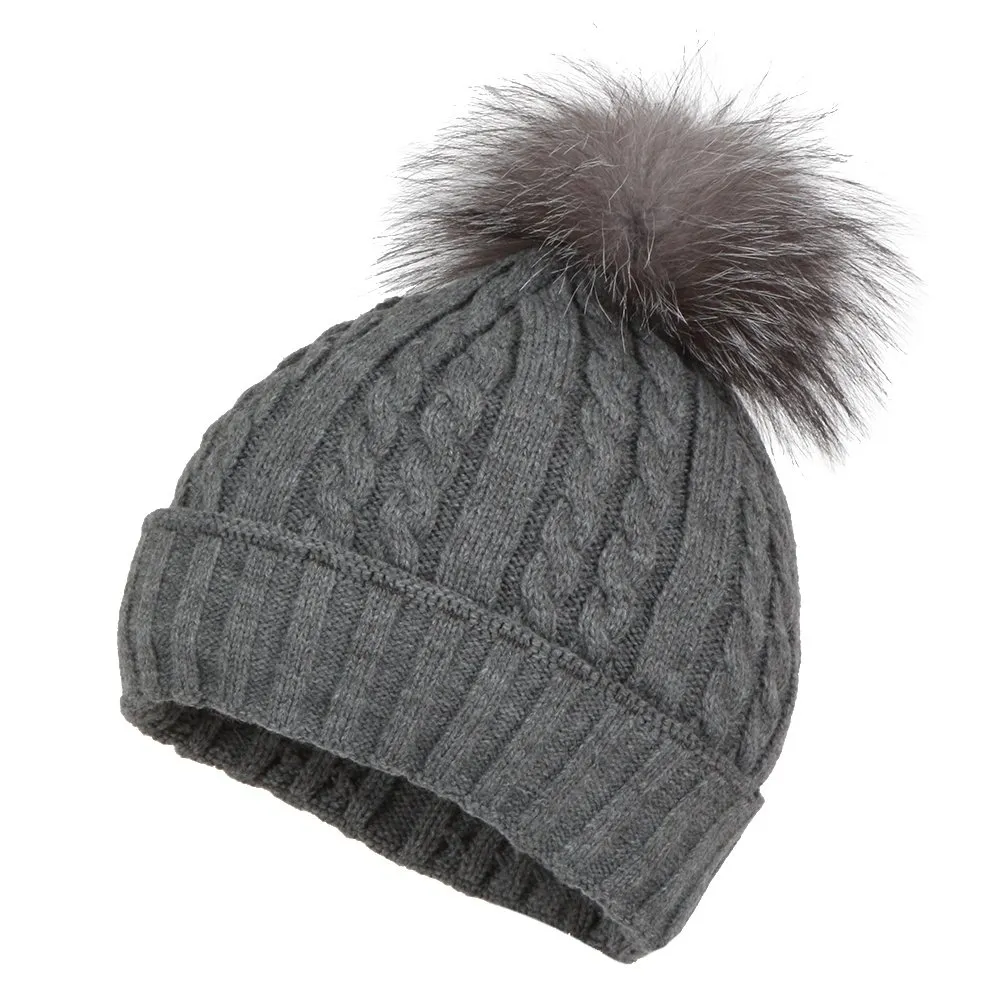 Peter Glenn Cable Hat with Real Fur Pom (Women's)