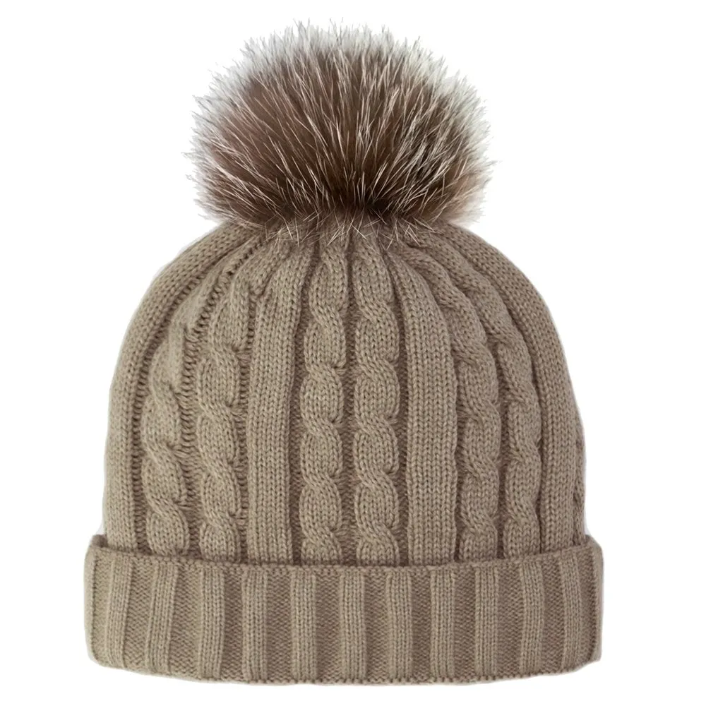 Peter Glenn Cable Hat with Real Fur Pom (Women's)