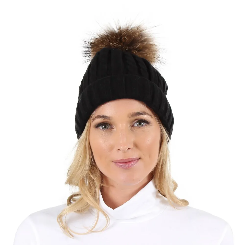 Peter Glenn Cable Hat with Real Fur Pom (Women's)