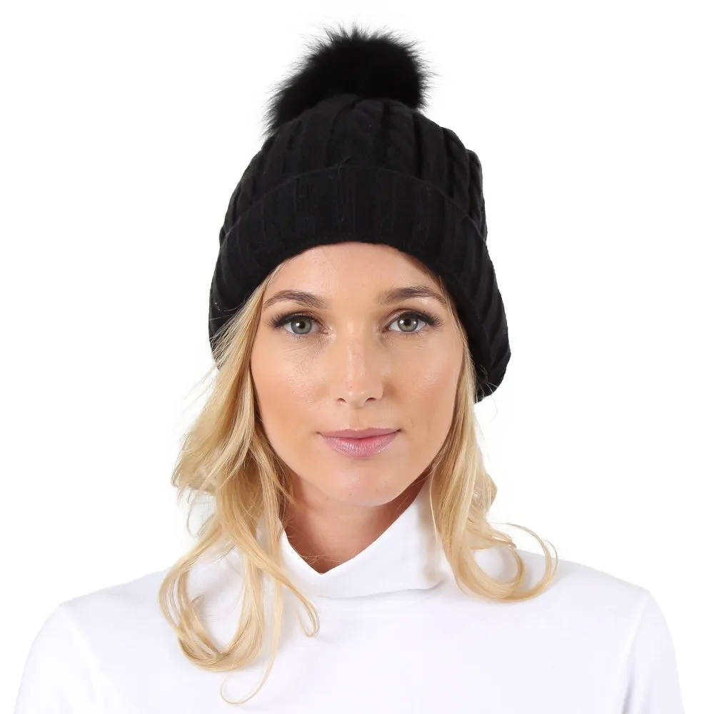 Peter Glenn Cable Hat with Real Fur Pom (Women's)