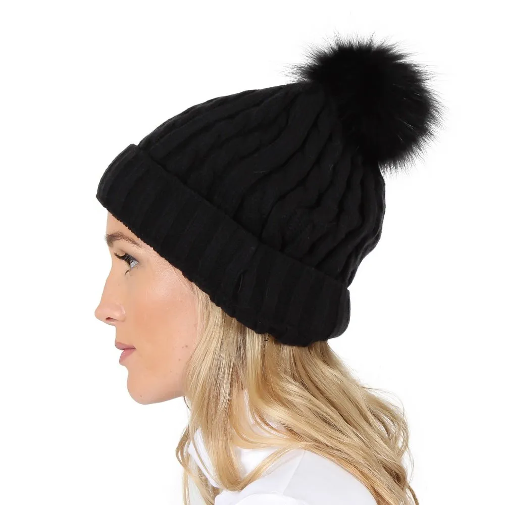 Peter Glenn Cable Hat with Real Fur Pom (Women's)