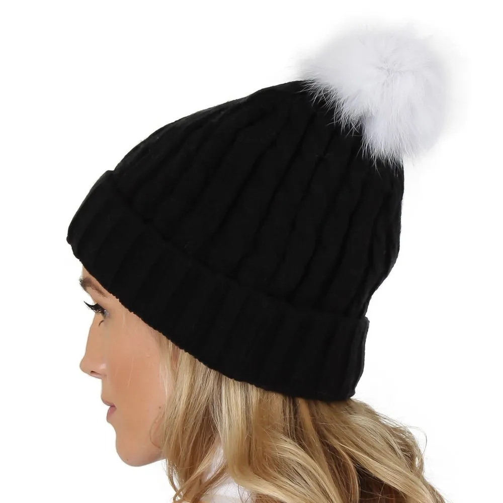 Peter Glenn Cable Hat with Real Fur Pom (Women's)