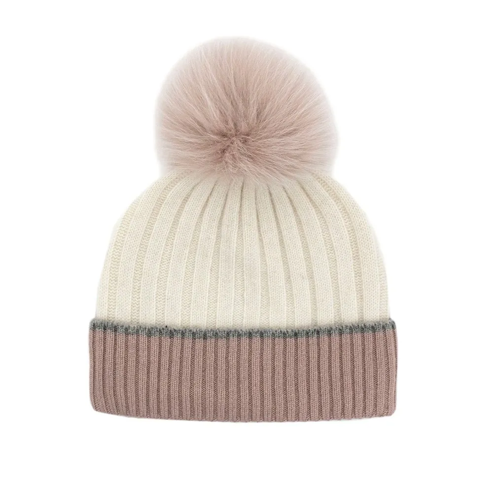 Peter Glenn Contrast Cuff Knit Hat with Real Fur Pom (Women's)