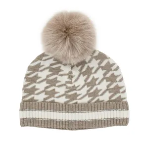 Peter Glenn Houndstooth Beanie with Real Fur Pom (Women's)