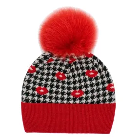 Peter Glenn Houndstooth Lips Hat with Real Fur Pom (Women's)