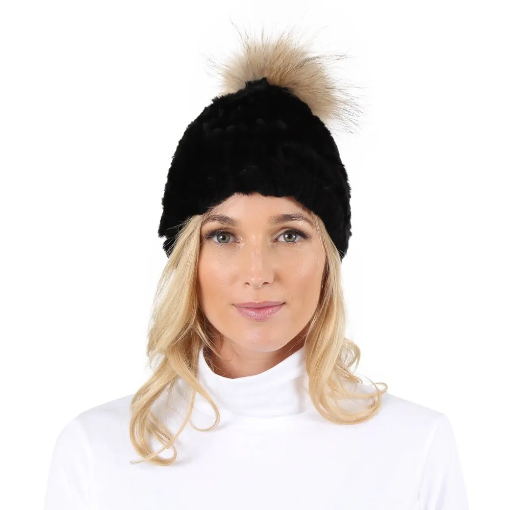 Peter Glenn Rabbit Beanie With Real Fur Pom(Women's)