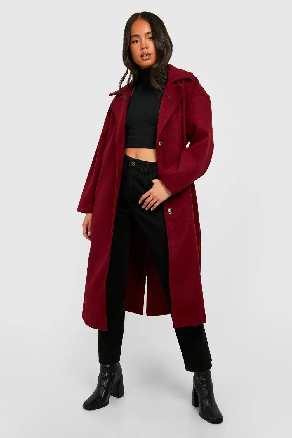 Petite Belted Button Through Wool Look Coat