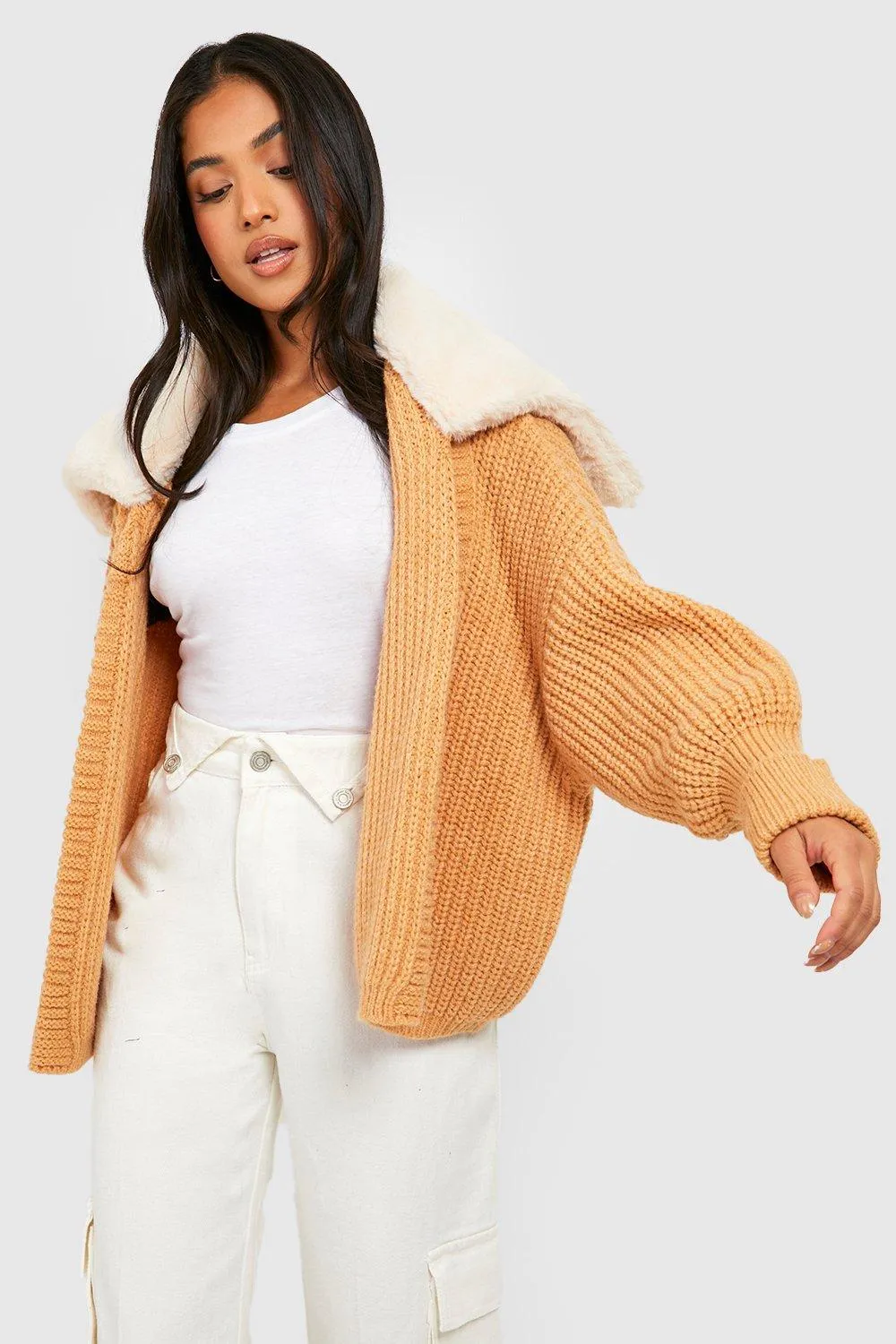 Petite Faux Fur Chunky Oversized Cardigan