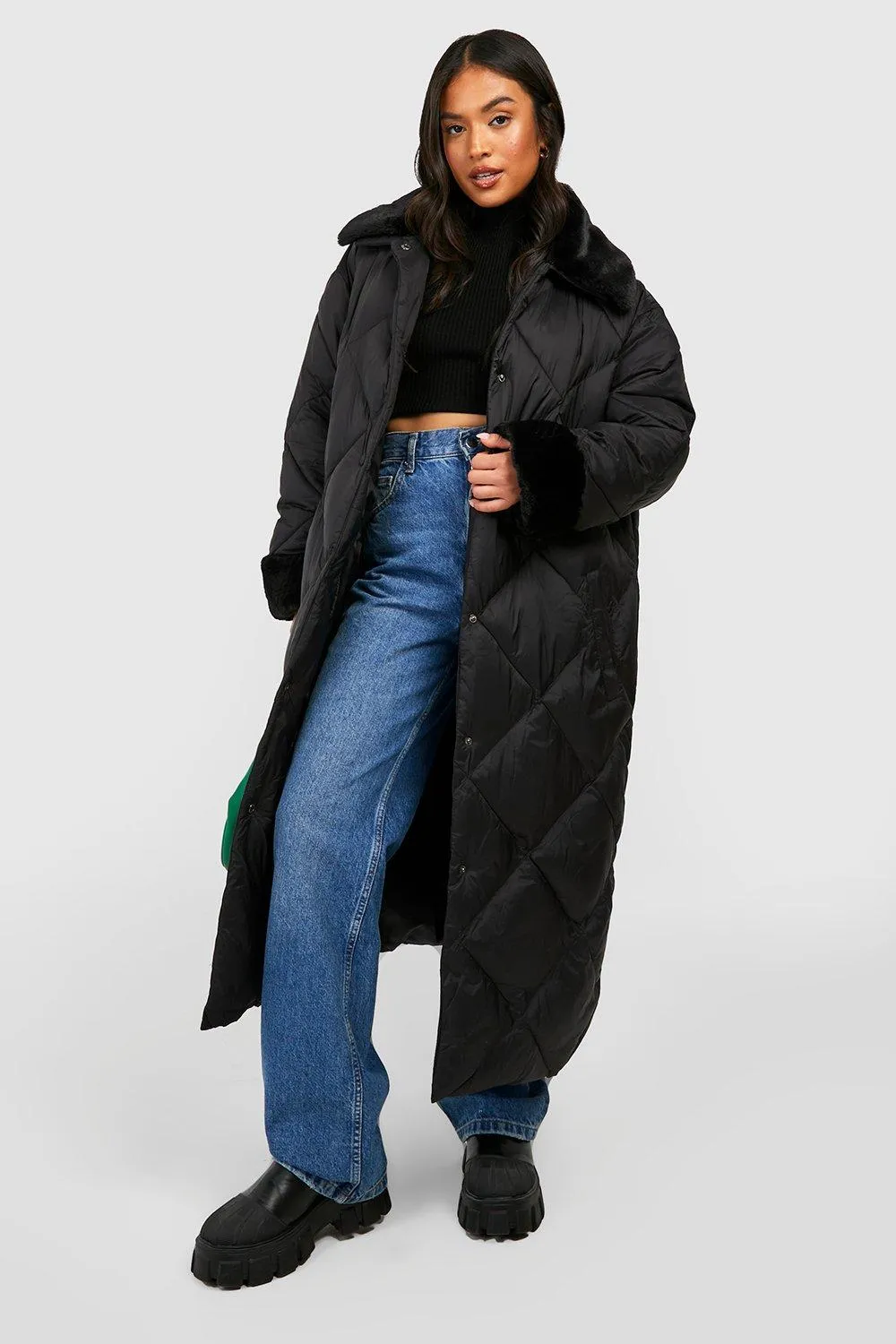 Petite Faux Fur Collar And Cuff Quilt Puffer