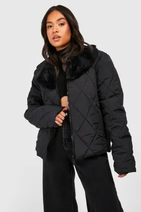 Petite Faux Fur Collar Quilted Moto Jacket