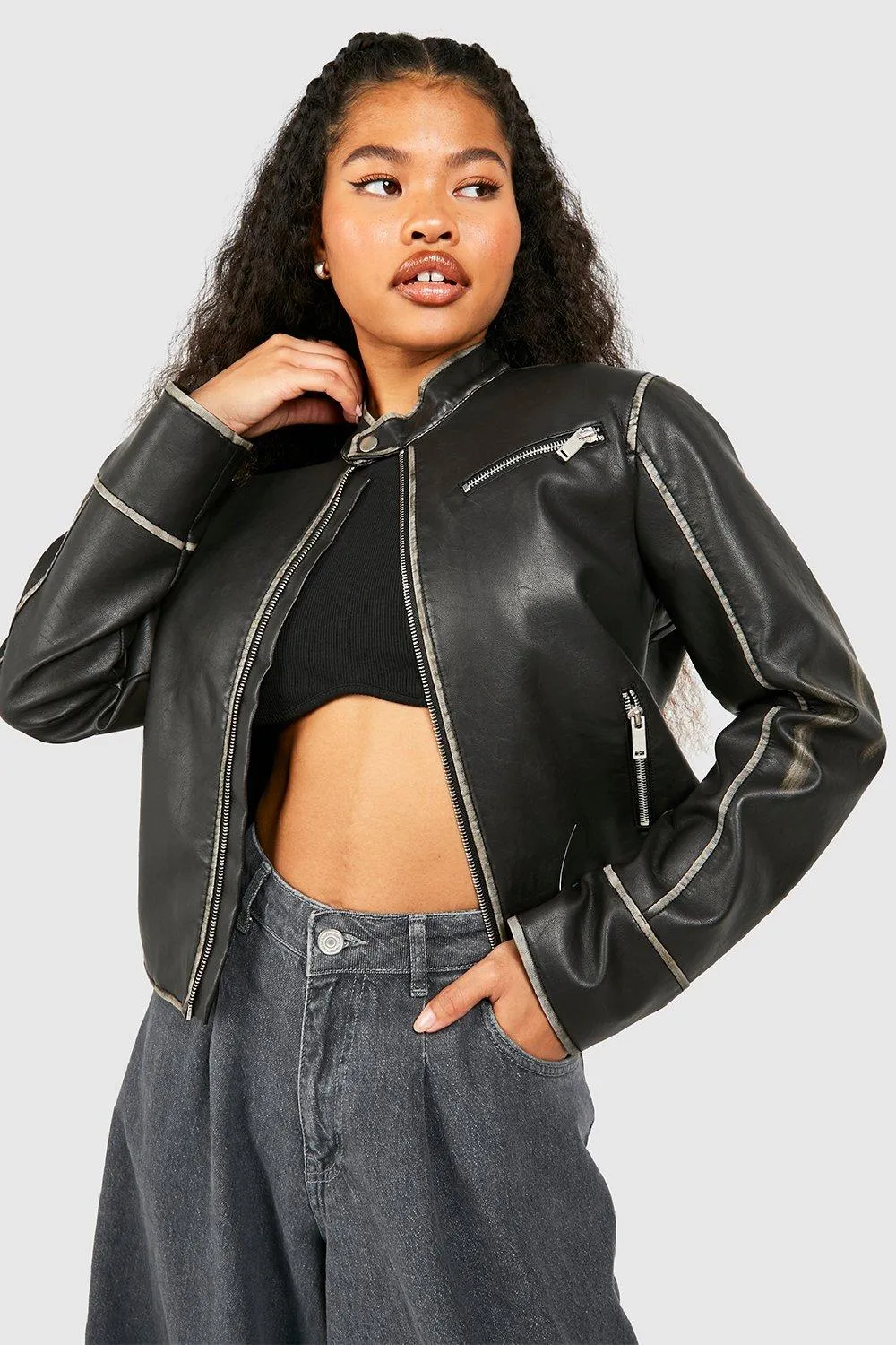 Petite Fitted Moto Vintage Look Faux Leather Jacket