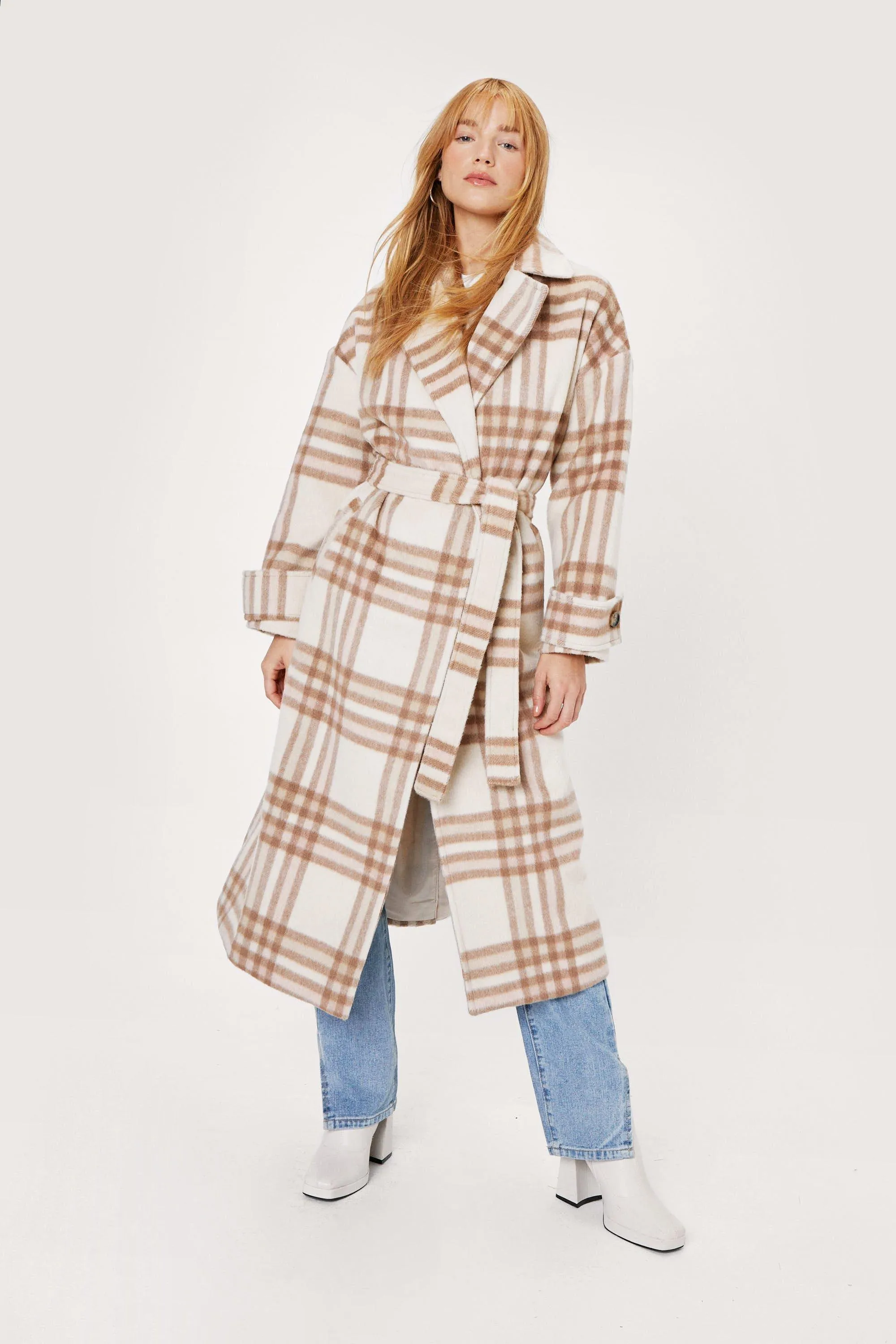 Petite Flannel Print Belted Longline Coat