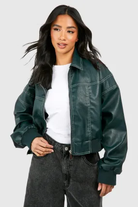 Petite Pu Contrast Stitch Cropped Bomber Jacket