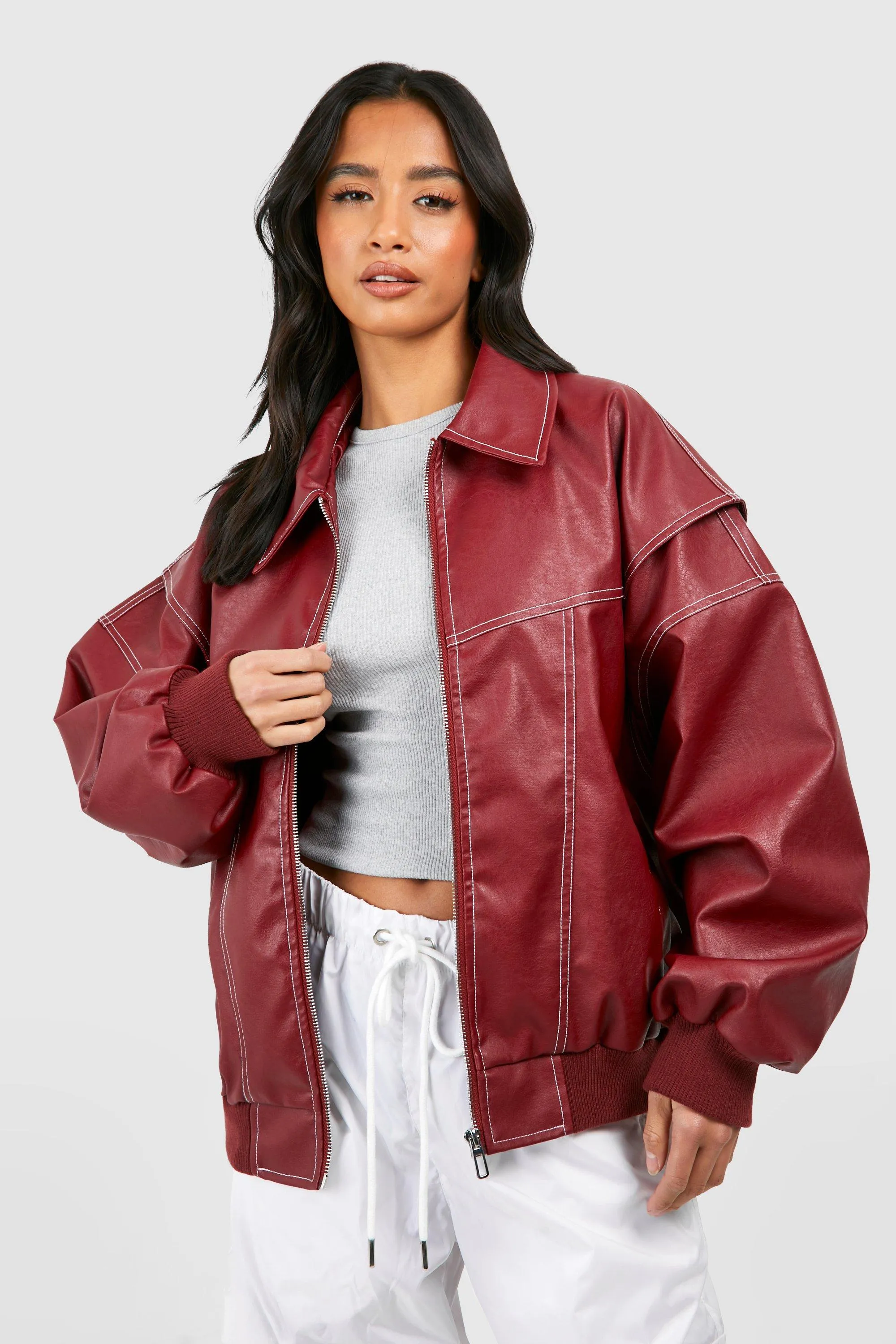 Petite Pu Contrast Stitch Oversized Bomber Jacket