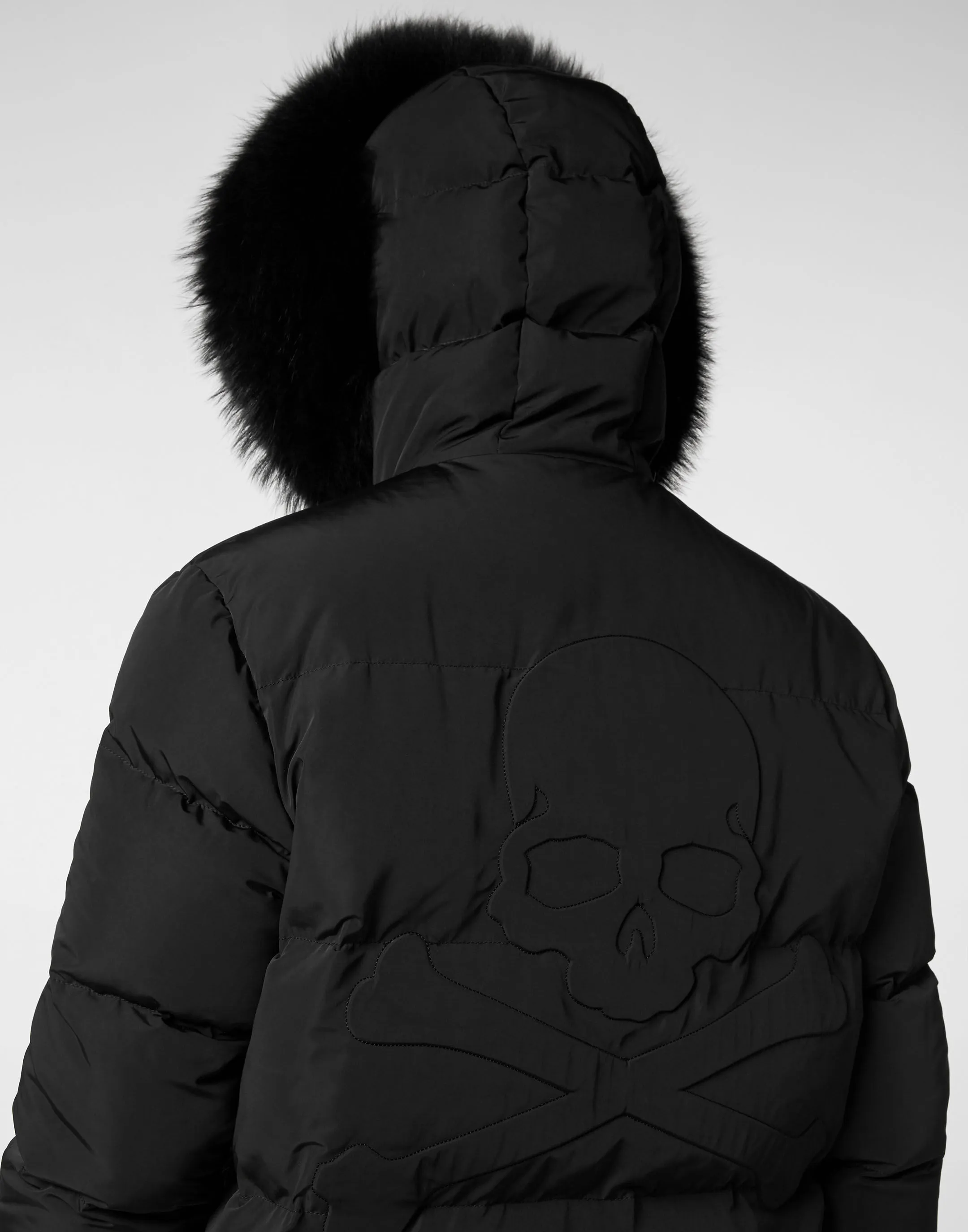 PHILIPP PLEIN Nylon Parka with Real Fur Skull&Bones