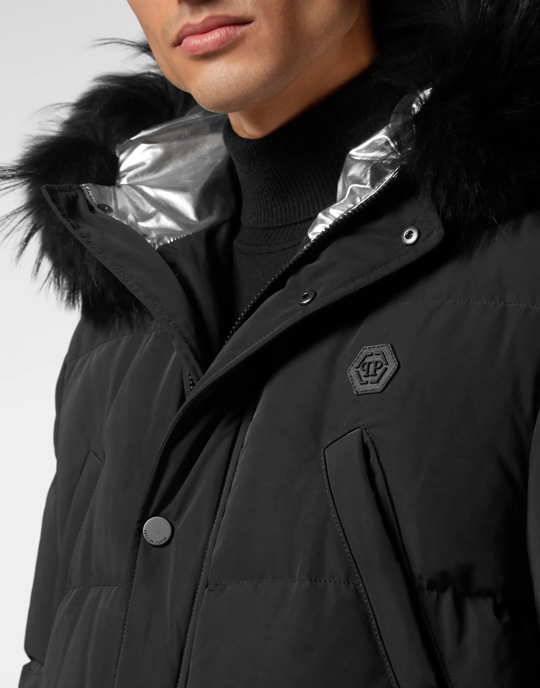 PHILIPP PLEIN Nylon Parka with Real Fur Skull&Bones