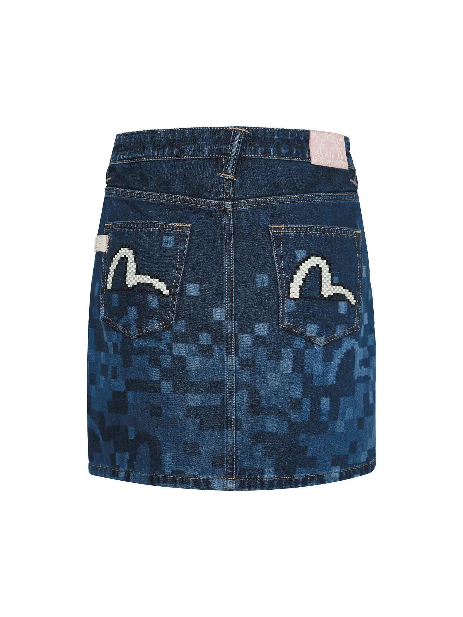 Pixel Seagull Embroidery and Print Regular Fit Denim Skirt